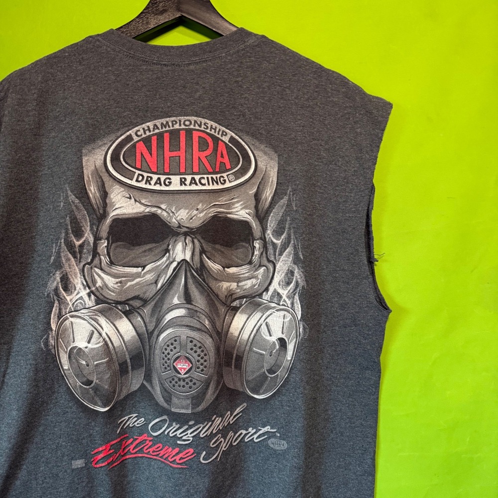 LARGE NHRA Championship Drag Racing Skull Gas Mask Sleeveless Muscle Shirt Grey